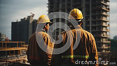 Construction workers on condominium apartment building site controlling engineering project development, generative ai Cartoon Illustration