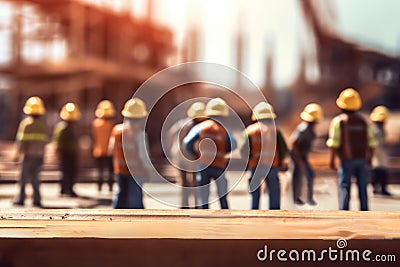 Construction workers at construction site outdoors, labor wearing yellow safety hardhats. Generative AI Stock Photo