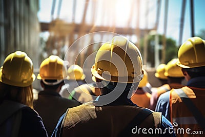 Construction workers at construction site outdoors, labor wearing yellow safety hardhats. Generative AI Stock Photo