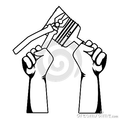 Construction workers hands holding tools in black and white Vector Illustration