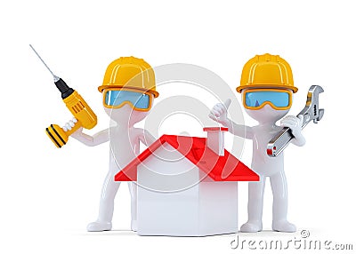 Construction Workers with home. Isolated. contains clipping path Stock Photo