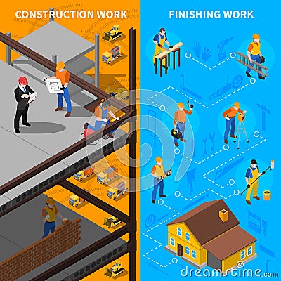 Construction Workers Isometric Banners Set Vector Illustration