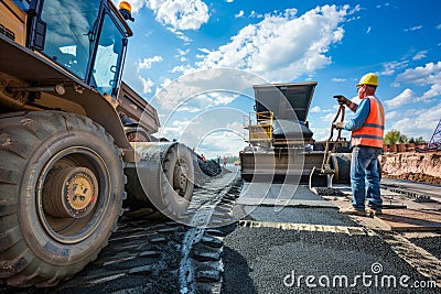 Construction Workers Laying Asphalt with Heavy Machinery. Generative ai Cartoon Illustration