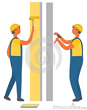 Construction Workers Painting and Drilling Walls Vector Illustration