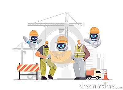 construction workers with robots holding blueprint industrial technicians builders group over city construction site Vector Illustration