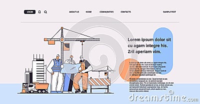 construction workers team holding blueprint industrial technicians builders group over city construction site tower Vector Illustration