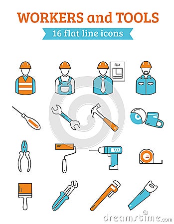 Construction workers tools line icons set Vector Illustration