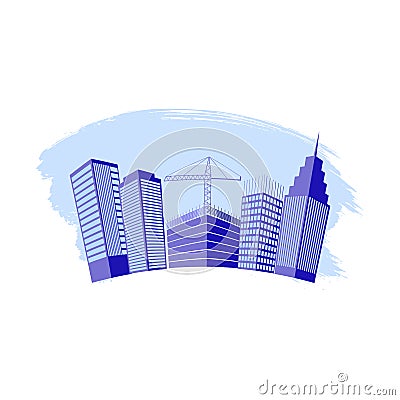 Construction working industry concept. Building construction logo in blue. Silhouettes of high-rise buildings on a brush stroke. Vector Illustration