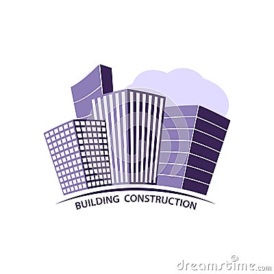 Construction working industry concept. Building construction logo in violet. Silhouette of a built business center Vector Illustration