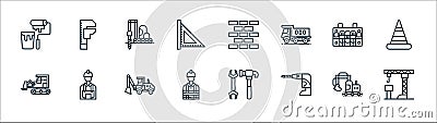 Constructions line icons. linear set. quality vector line set such as crane, drill, engineering, bulldozer, case, wall, spanner Vector Illustration