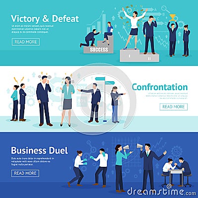 Constructive Business Confrontation Flat Banners Set Vector Illustration