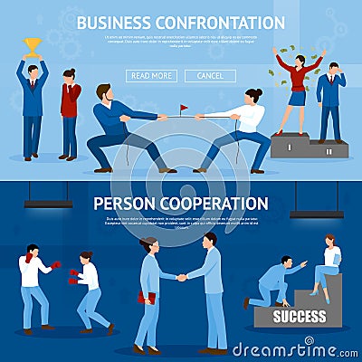 Constructive Business Confrontation Flat Banners Set Vector Illustration