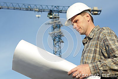 Constructor with blueprints Stock Photo