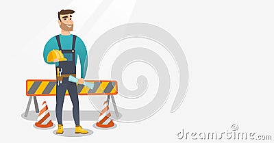 Constructor with hard hat and blueprint. Vector Illustration