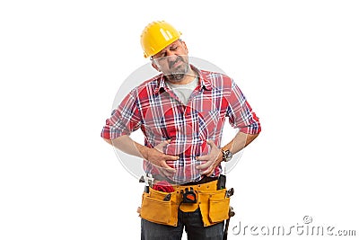 Constructor holding hands on bloated stomach Stock Photo
