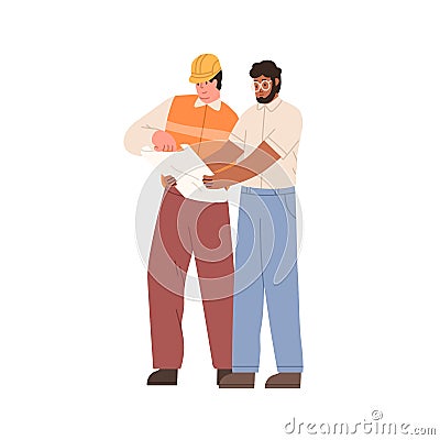 Constructor and inspector with building project. Builder worker and manager discussing drawing. Foreman and engineer Vector Illustration