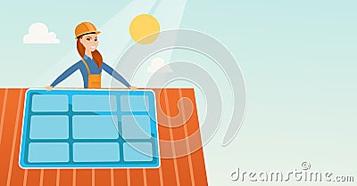 Constructor installing solar panel. Vector Illustration