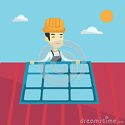 Constructor installing solar panel. Vector Illustration