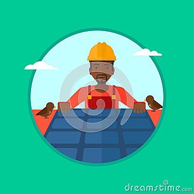 Constructor installing solar panels. Vector Illustration