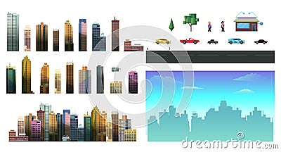 Constructor for night city background. Easy to create your own view of the city, with separate elements - buildings Vector Illustration