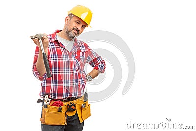Constructor presenting hammer Stock Photo