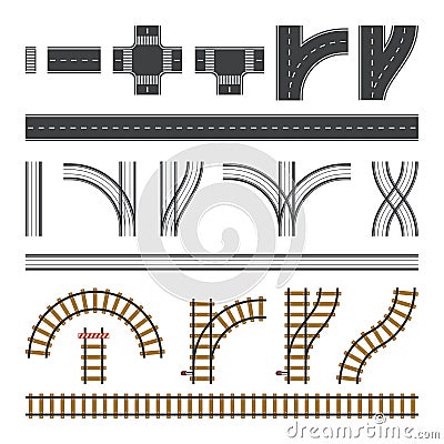 Constructor roads set. Flat road elements. Create your own city and rail road. Connectable road elements. Vector Vector Illustration