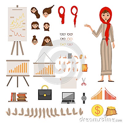 Constructor set of female characters. Girl with financial attributes on white background. Vector illustration Cartoon Illustration