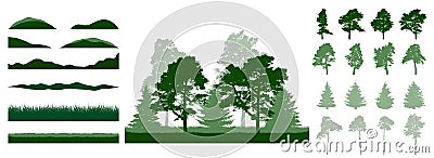 Constructor summer woodland, landscape. Silhouettes of beautiful spruce trees, pine, other trees, grass, hill. Creation of Vector Illustration