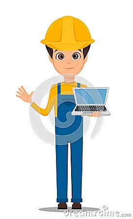 Constructor worker. Handsome builder holding laptop and showing hello gesture. Vector Illustration