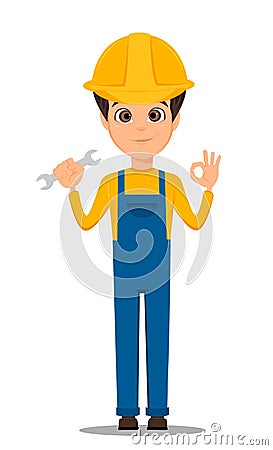 Constructor worker. Handsome repair worker holding wrench and showing OK sign. Vector Illustration