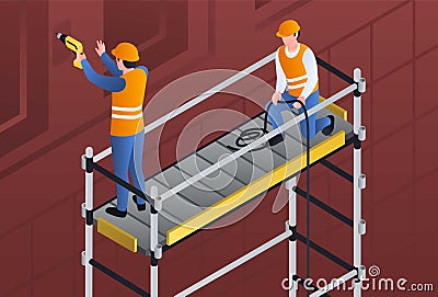 Constructors on scaffold banner, isometric style Vector Illustration