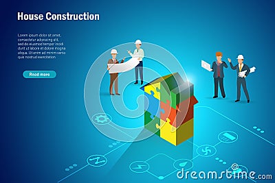 Constuction industry project and smart home concept. Construction engineer team inspect and discuss on facilities and progression Vector Illustration