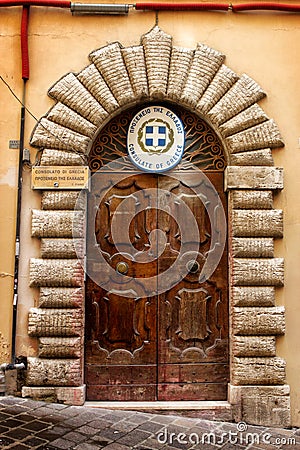 Consulate of Greece. Old wooden door Editorial Stock Photo