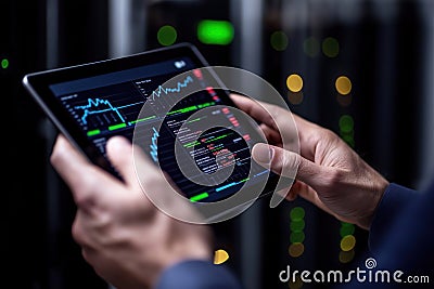 consultant assesses server room performance using tablet with security metrics. Reviews tech infrastructure for security, Stock Photo