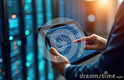 consultant examines server room performance data on tablet. Data analysis shows metrics about server security, infrastructure. Stock Photo