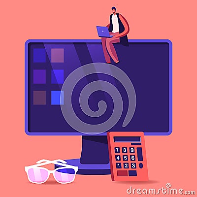 Consulting Auditor Auditing Financial Report Data of Company Balance Statement Sitting on Huge Computer Desktop Vector Illustration