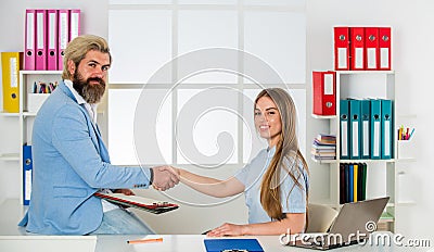 Consulting. Financial department team. Office secretary. Man and woman meeting. Boss director. Business couple working Stock Photo