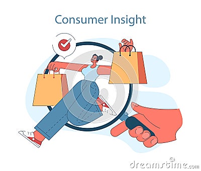 Consumer behavior. Purchase journey. Satisfied shopper with multiple Cartoon Illustration