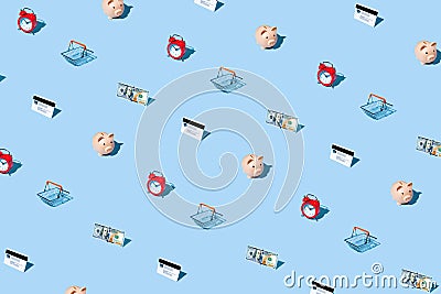 consumer concept, izometric pattern on bright light blue background. Stock Photo