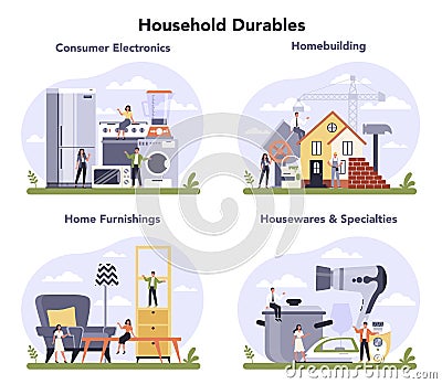 Consumer durables production set. Houseware electronics, furniture Vector Illustration