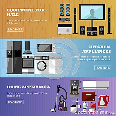 Consumer electronics store banners set. Vector illustration. Design elements in flat style. Home related devices. Vector Illustration