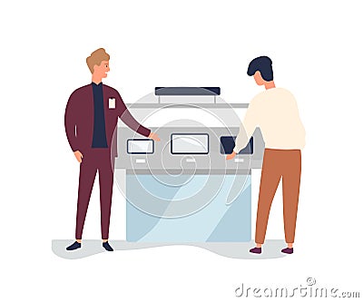 Consumer at electronics store flat vector illustration. Sales manager advertising products at promotional stall. Client Vector Illustration