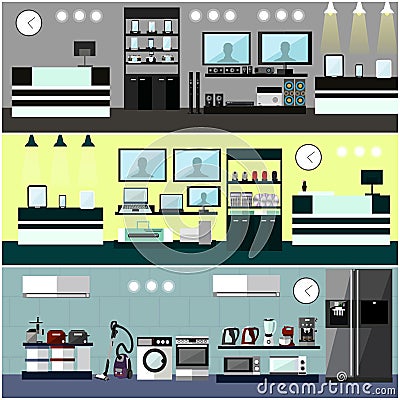 Consumer electronics store Interior. Colorful vector illustration. Design elements and banners in flat style. Vector Illustration