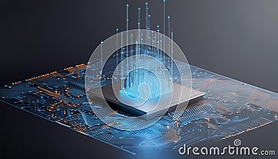 Consumer future and technology concepts: Quantum computing concept, glowing circuits and particles Stock Photo