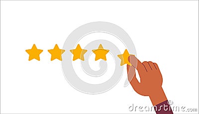 The consumer rates the service. The hand puts the fifth star. Vector fully editable flat isolated illustration on white Vector Illustration