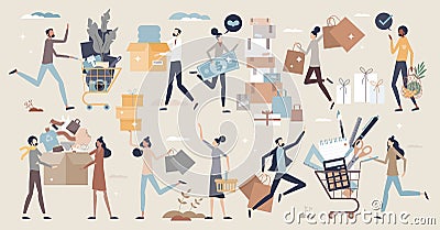 Consumer set with retail goods purchase elements in tiny person collection Vector Illustration