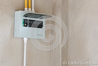 Consumer unit with automatic fuses and switchboard with circuit breakers. Stock Photo