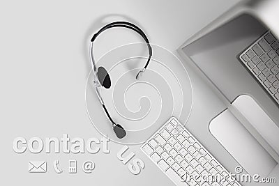 Contact concept , top view desk with headset, computer and conta Stock Photo