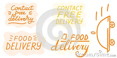 Contact free delivery. Big collection. Safe delivery lettering set. Vector eps brush trendy orange stickers with text, quote Vector Illustration