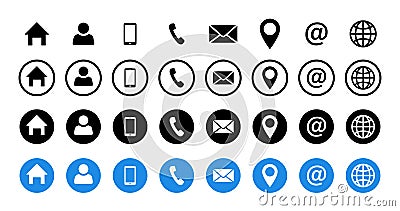 Contact icon. Vector isolated signs. Home, user, mobile phone, message, location, internet. Black vector isolated icon signs in Vector Illustration